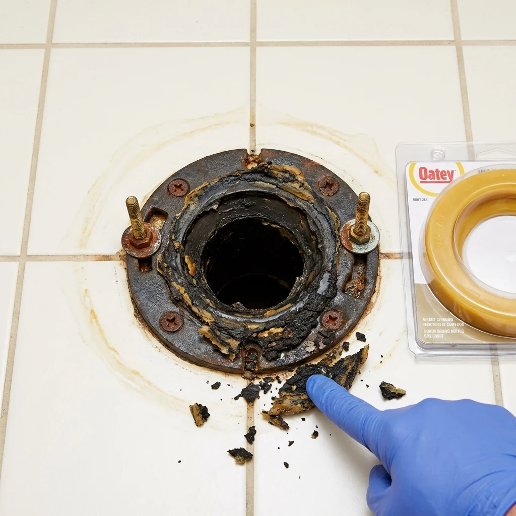Failed wax ring showing water seepage at the base of a toilet in a Saint Joseph, IL home