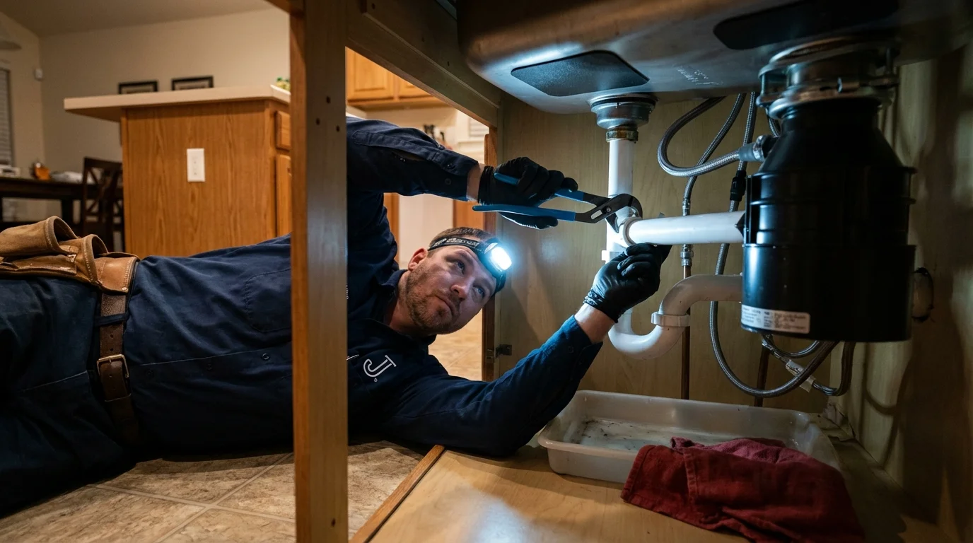 P-trap and supply line connections under a kitchen sink showing a common leak point in Saint Joseph, IL